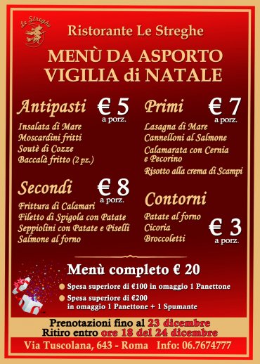 Menu Natale.Menu Da Asporto Vigilia Di Natale 2019 Roma Eventi Serate A Tema Cena Spettacolo Ristorante Le Streghe Roma Sud